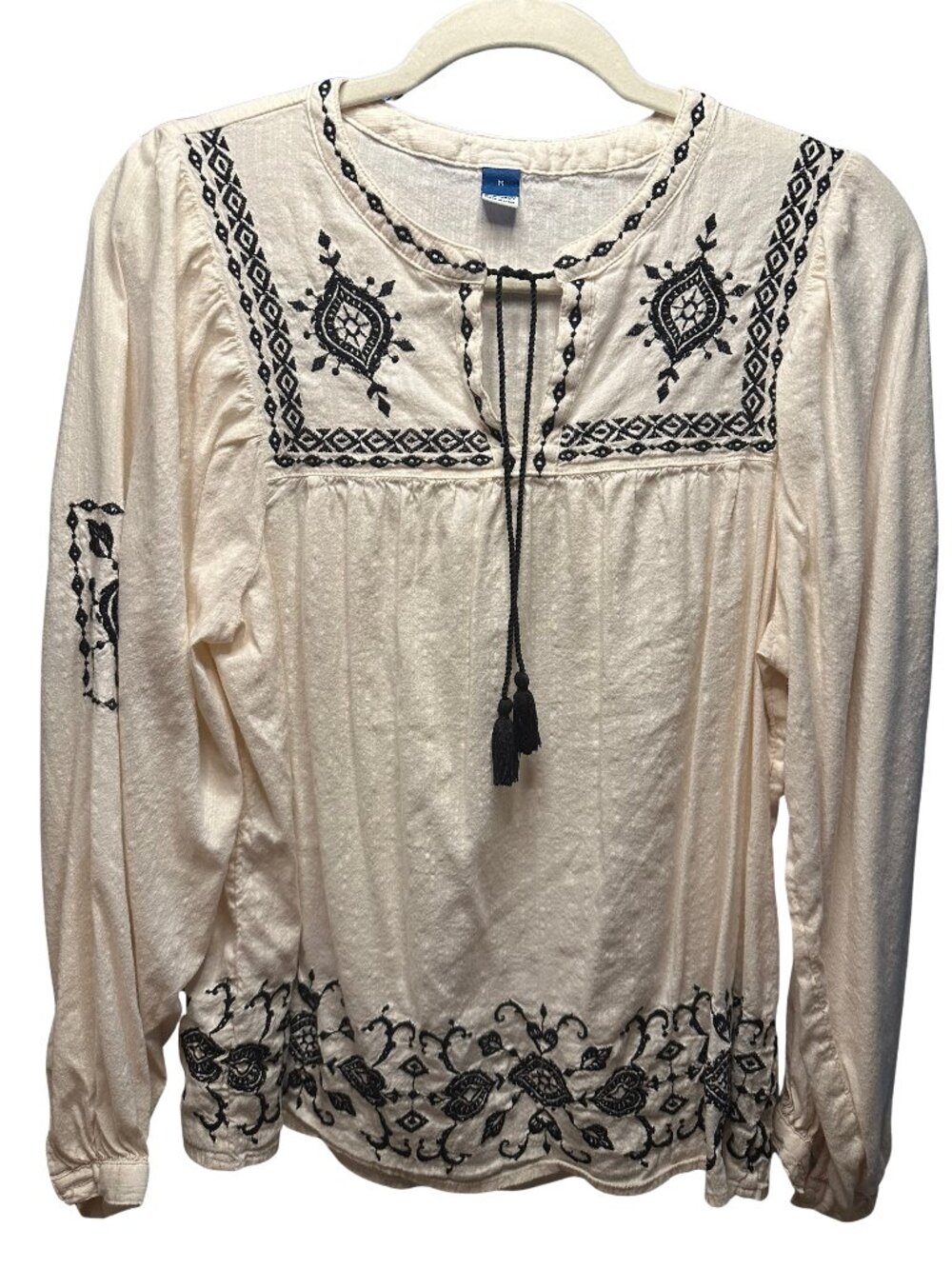 Old Navy White Embroidered Boho Blouse Size M — Tassel Neck Tie, Long Sleeve